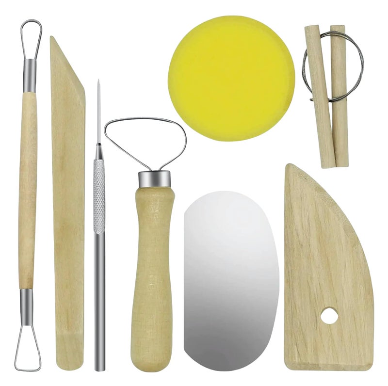 Evwoge 8-Piece Pottery Tool Set, Wooden Clay Sculpting Tools with Sponge, Wire Cutter and Modeling Tools for Ceramics - Image 1
